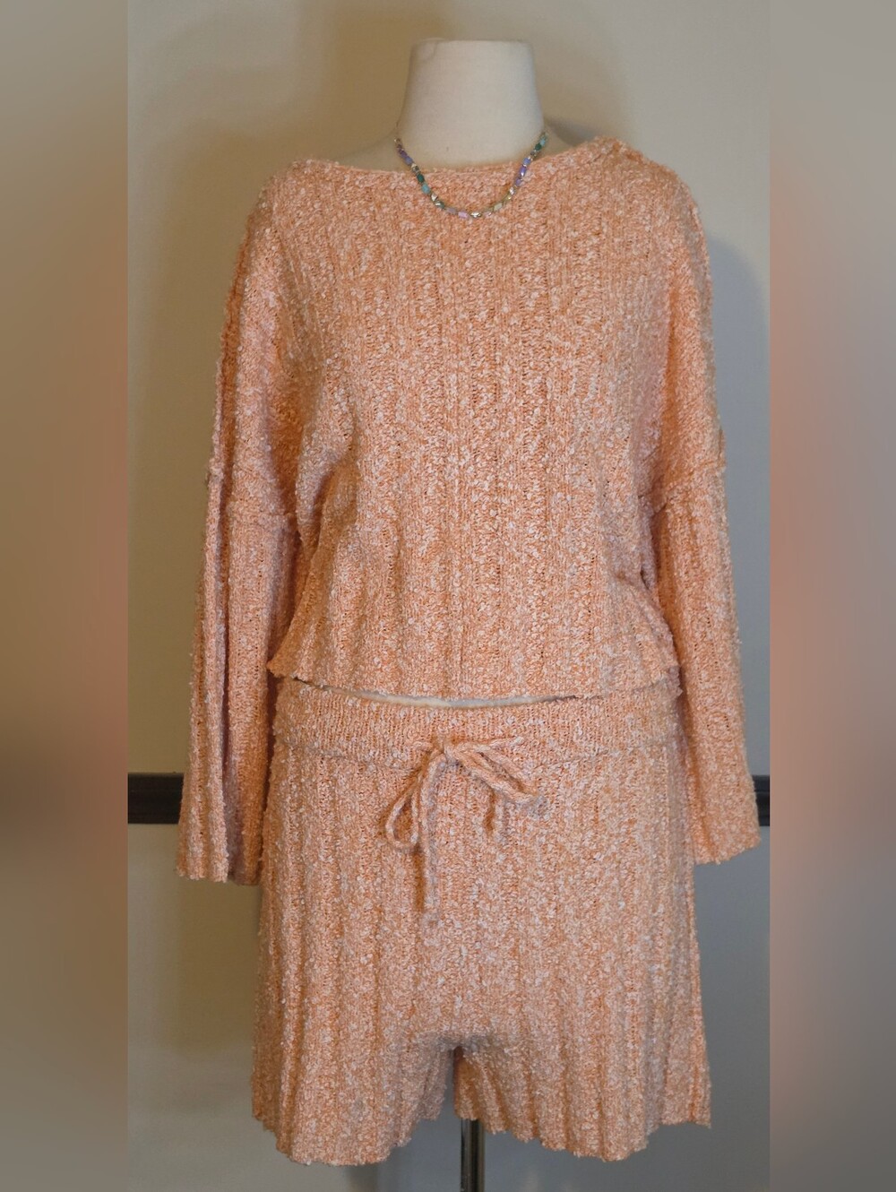 Free The Roses. Cozy Textured Knit Shirt And Short Set Peach. *This Is A Set*